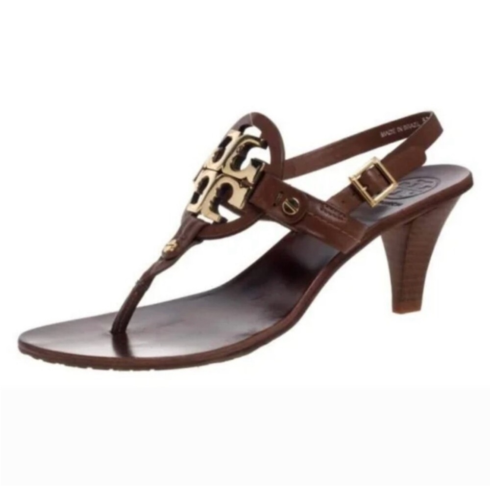Tory Burch Kitten Heel Sandal Brown Leather Logo Medallion Size 8 Holly Miller